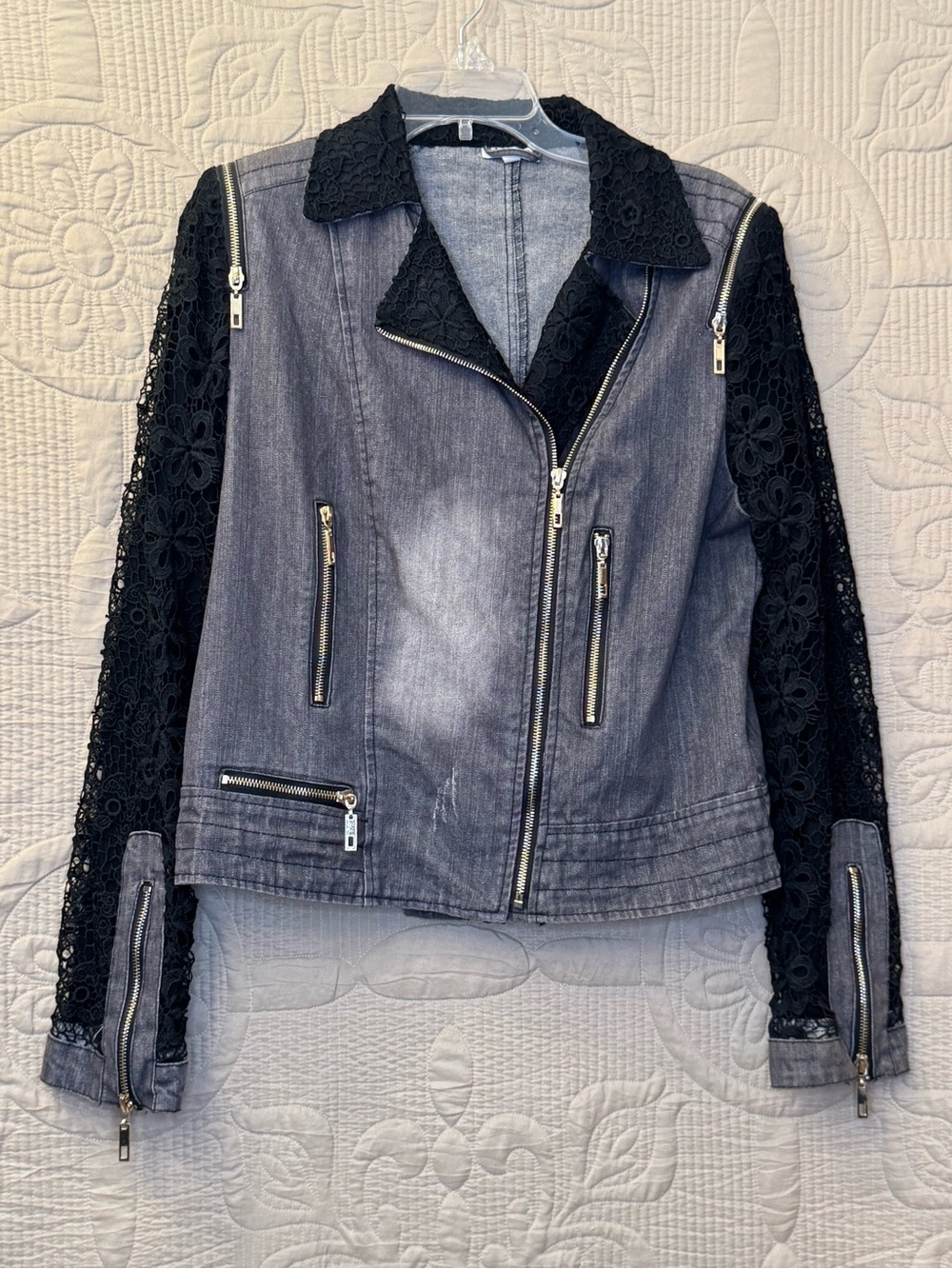 Vintage Paris Hues Black and Denim and Lace Moto Jacket.